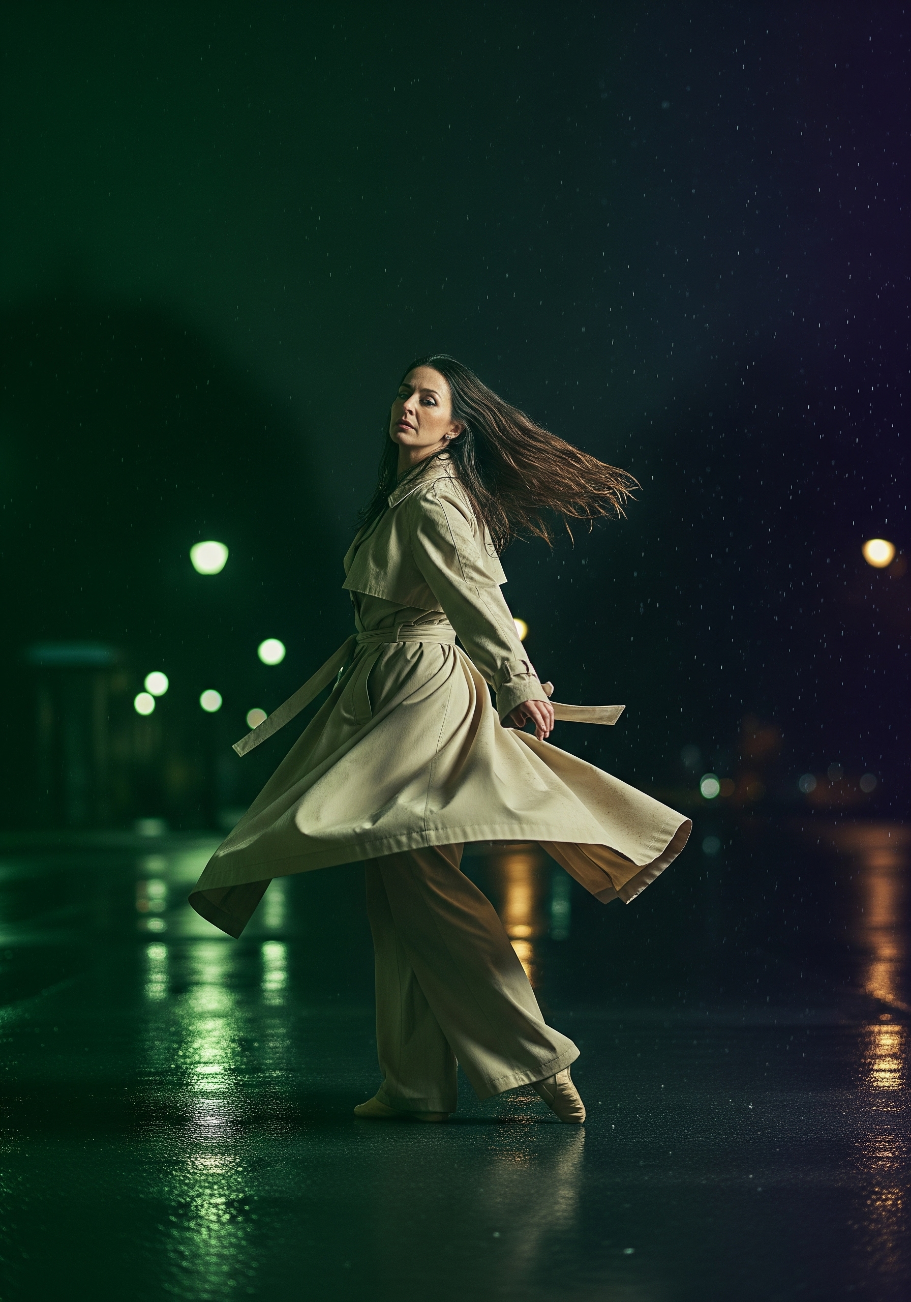 Woman in a beige trench coat spinning on a rain-soaked street at night, green street lamps behind her
