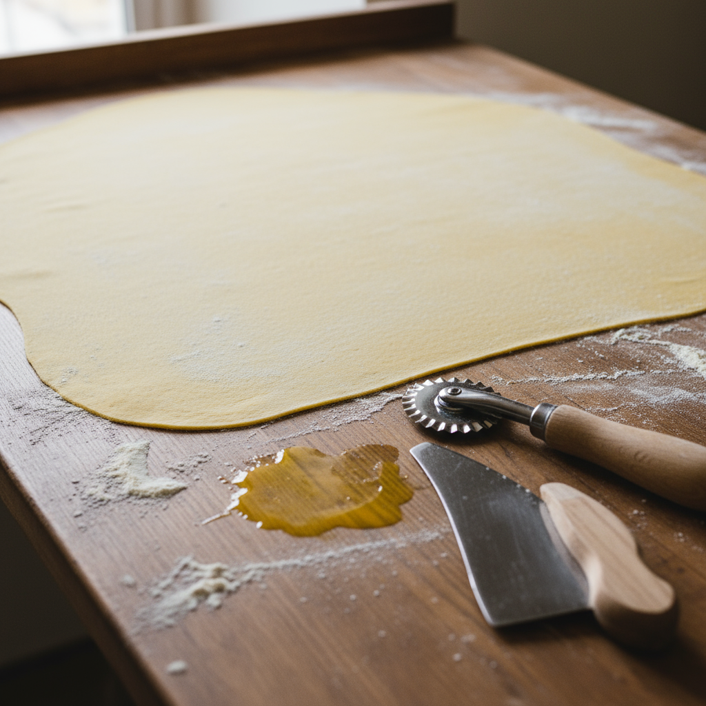 Sheet of fresh pasta dough on a wooden table with a fluted cutter, cleaver and rolling pin