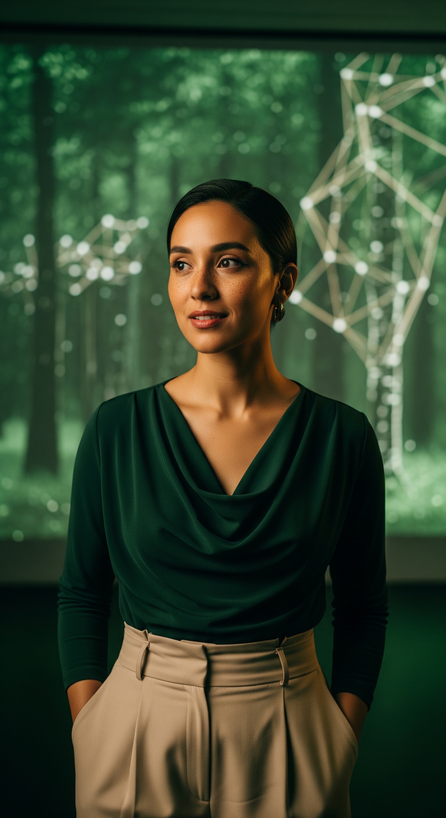 Woman in a dark green draped top and beige trousers standing before a screen projecting a forest
