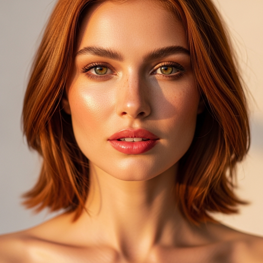 Close-up portrait of a digital model with a copper bob and green eyes in warm light