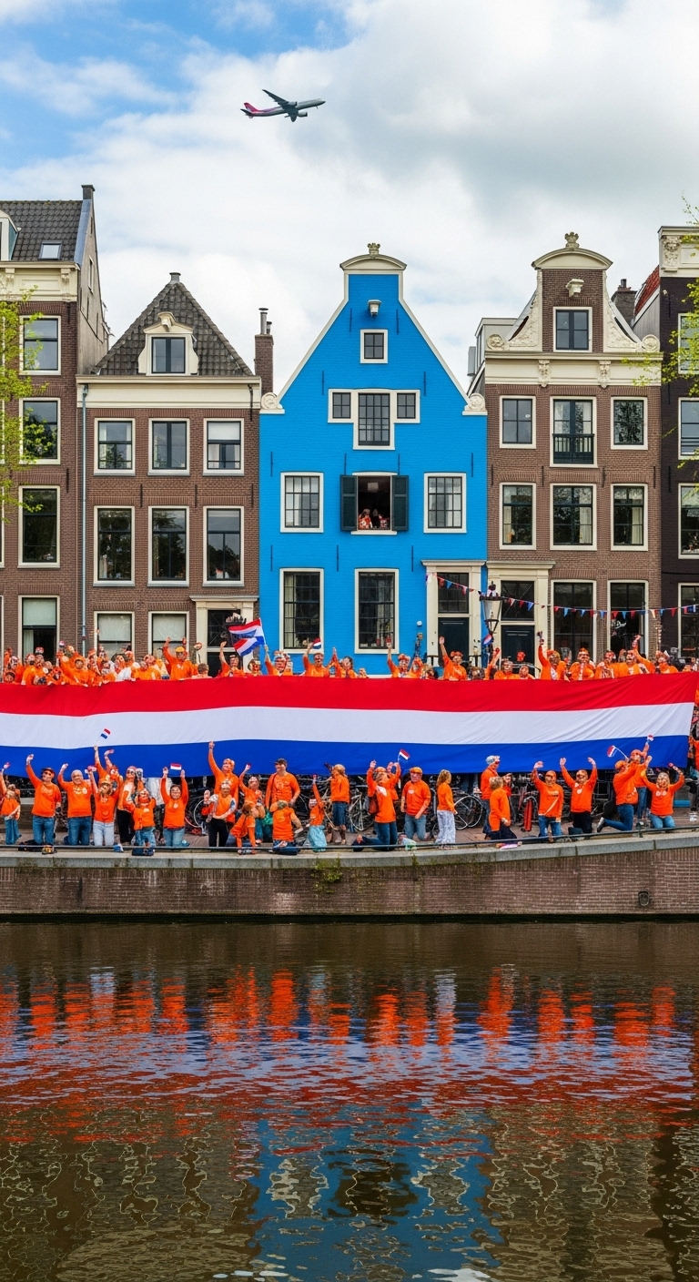 Crowd dressed in orange holding a giant Dutch flag along an Amsterdam canal, a plane passing low overhead