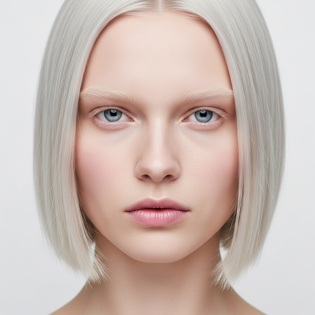 Close-up portrait of a digital model with a platinum blonde blunt bob against a neutral background
