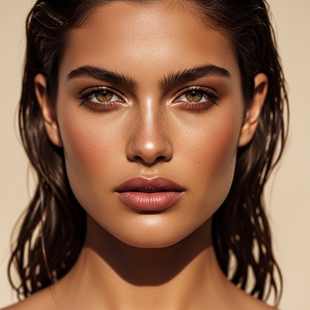 Close-up beauty portrait of a digital model with wet-look dark hair and bronze-toned makeup