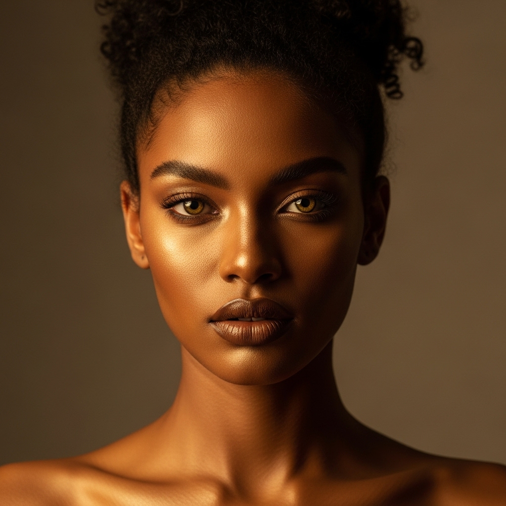 Close-up portrait of a Black female model with a curly updo, lit in golden tones