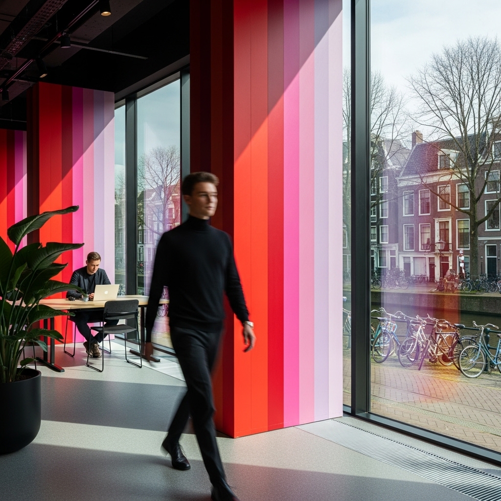 Office floor overlooking an Amsterdam canal, a red and pink fluted wall, a person walking and bicycles outside