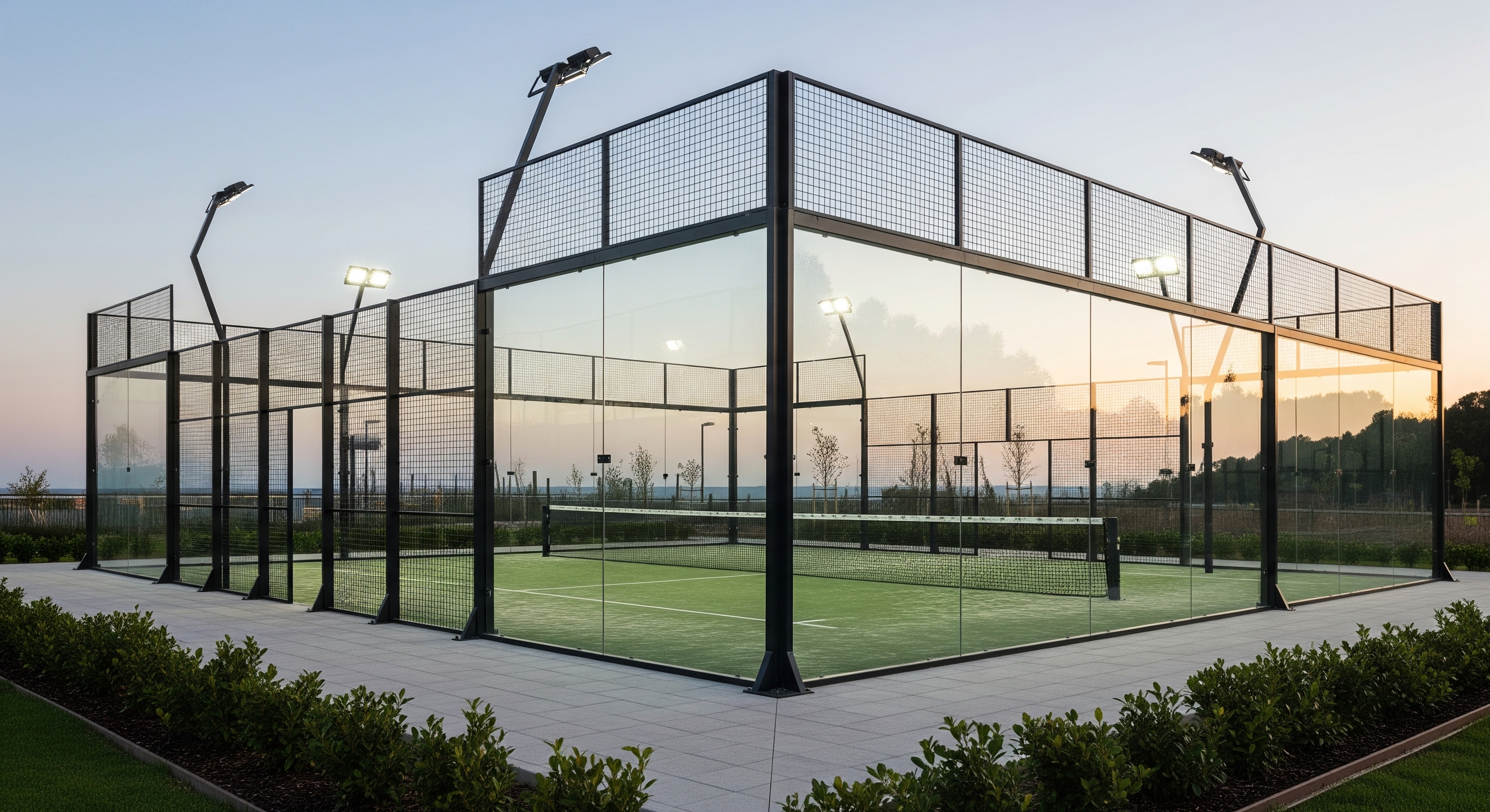 Glass-walled outdoor padel court lit by floodlights at dusk