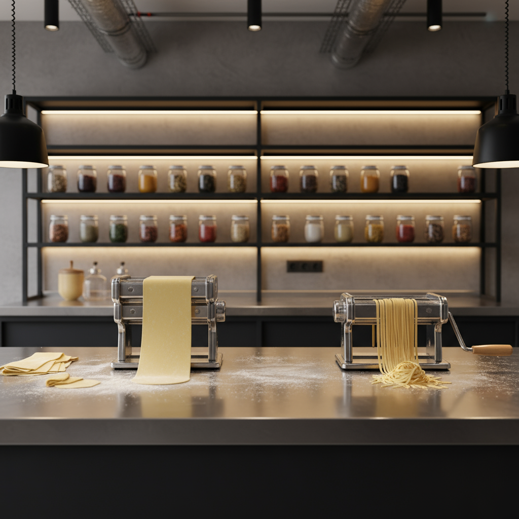 Two pasta machines on a steel counter in a dark industrial kitchen, backlit shelves of spice jars behind