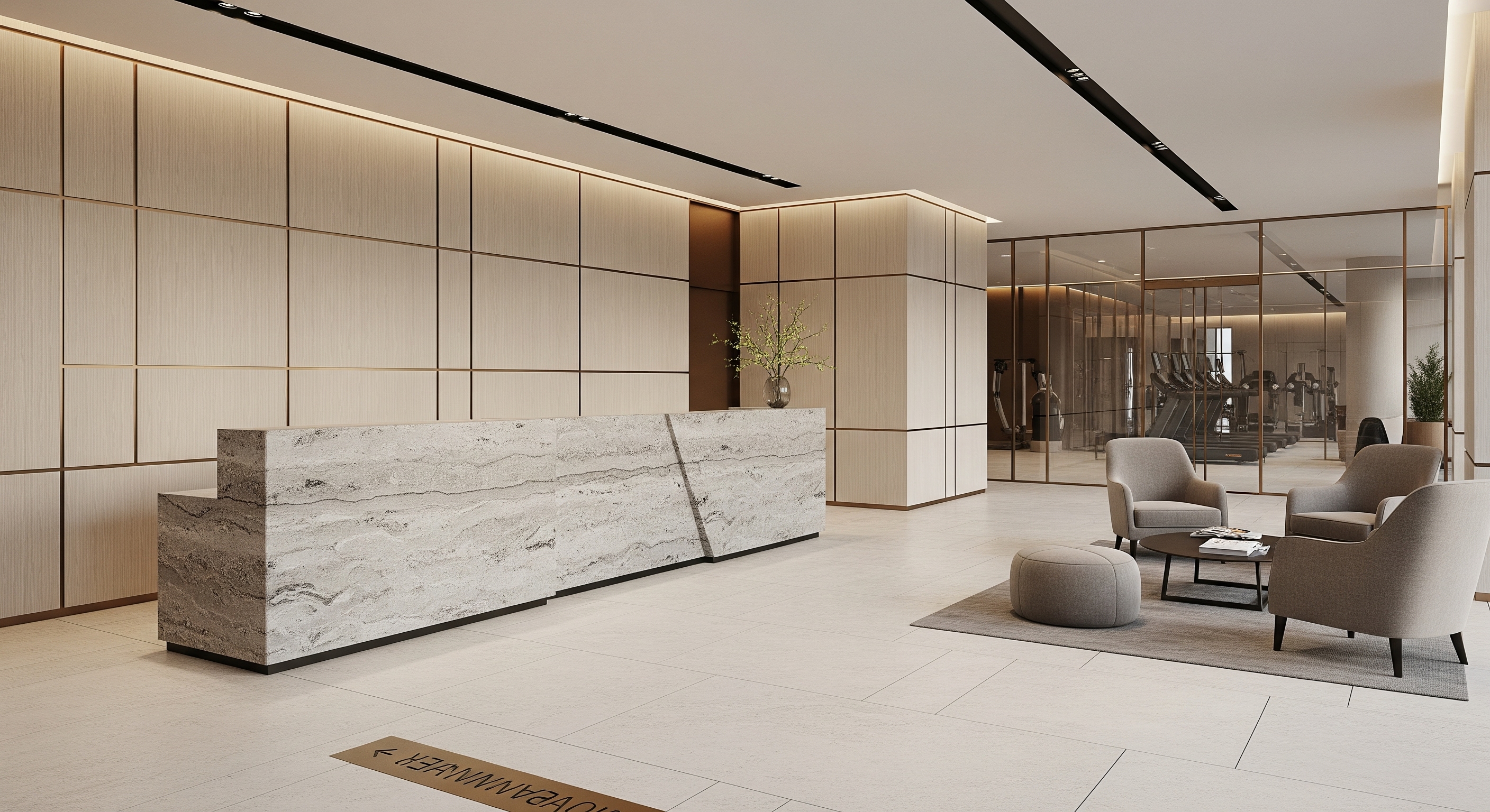 Minimal hotel lobby with a monolithic marble reception desk, beige panelled walls and a seating group