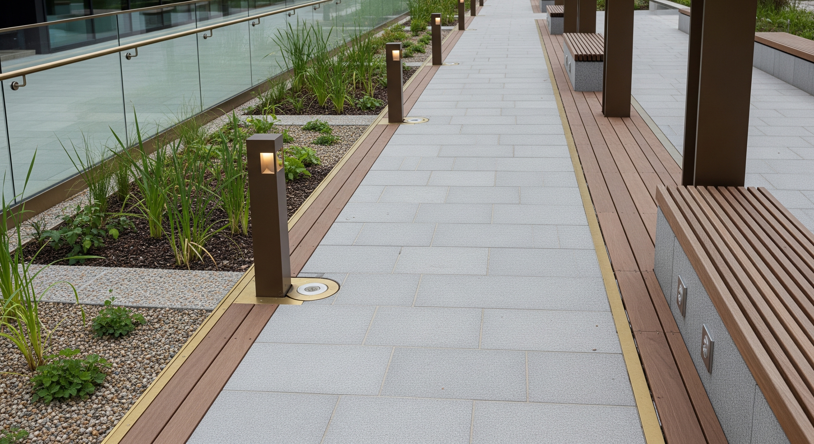 Stone-paved walkway on a roof terrace with timber benches, bollard lights and a glass balustrade
