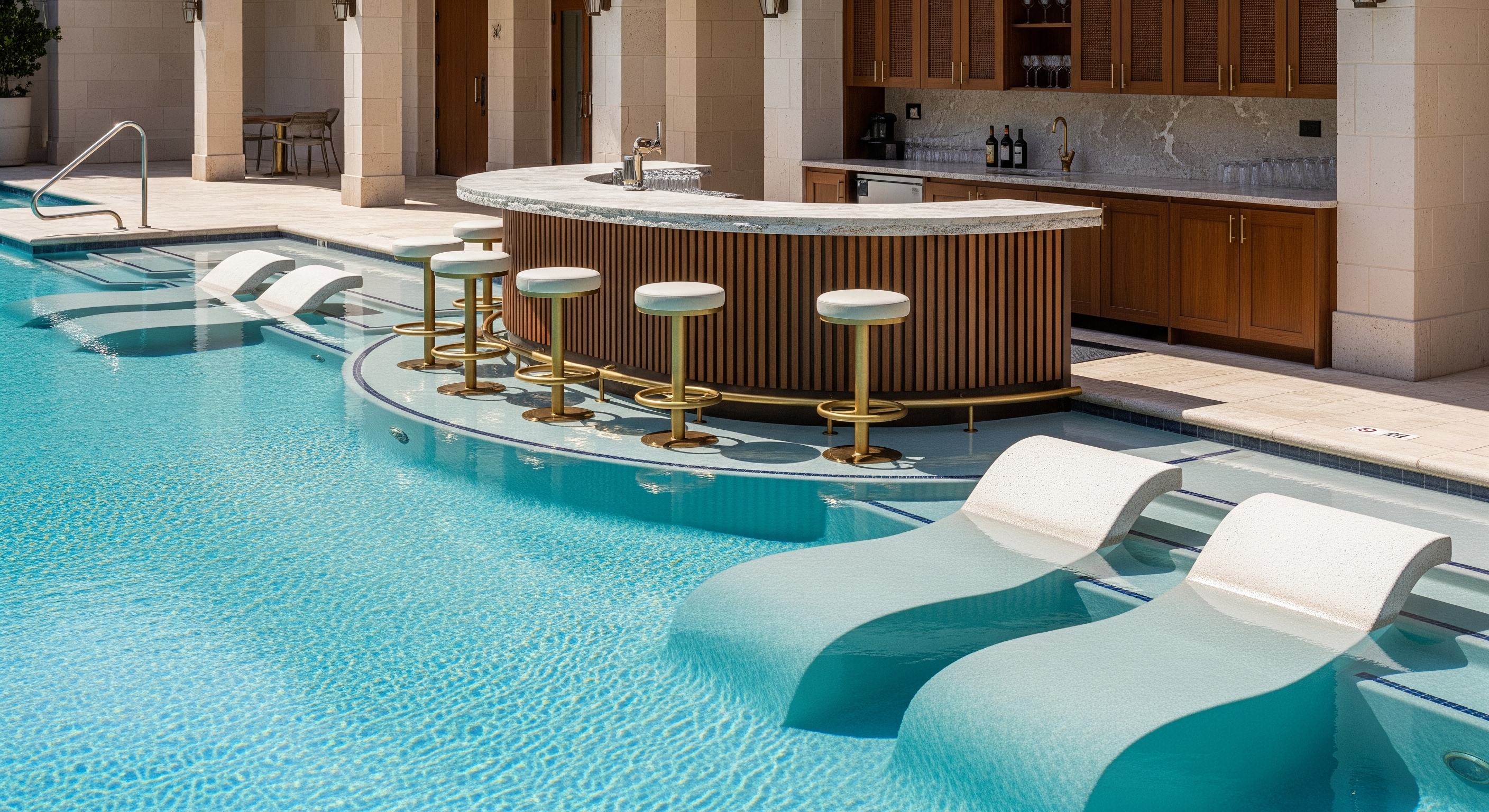 Outdoor pool with a swim-up bar, in-water stools and submerged loungers