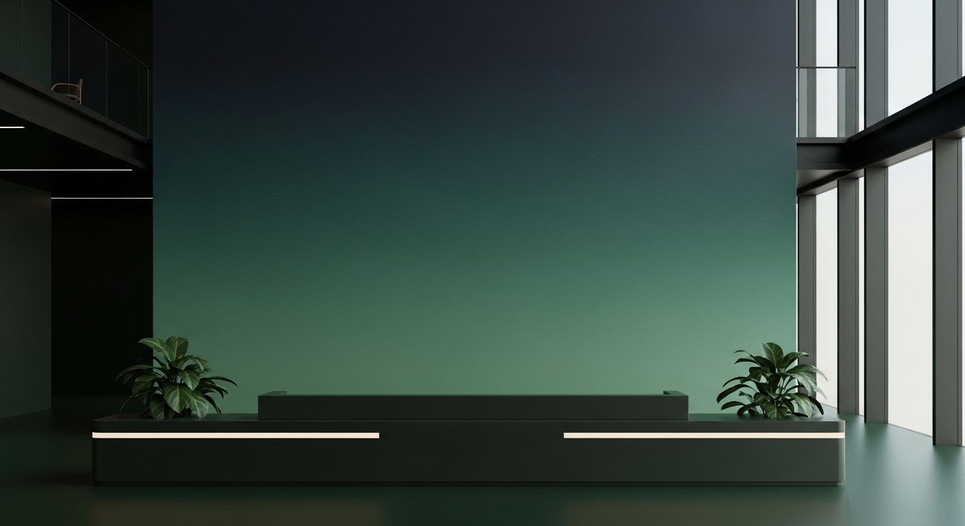 Low reception desk with LED strips against a dark green fluted wall, flanked by two potted plants