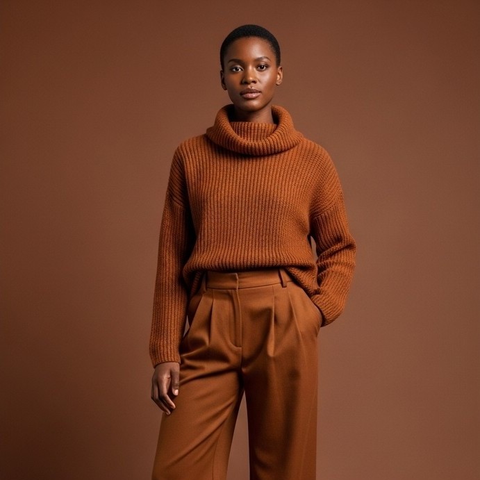 Model in a terracotta chunky knit turtleneck and wide-leg trousers against a monochrome backdrop in the same tone