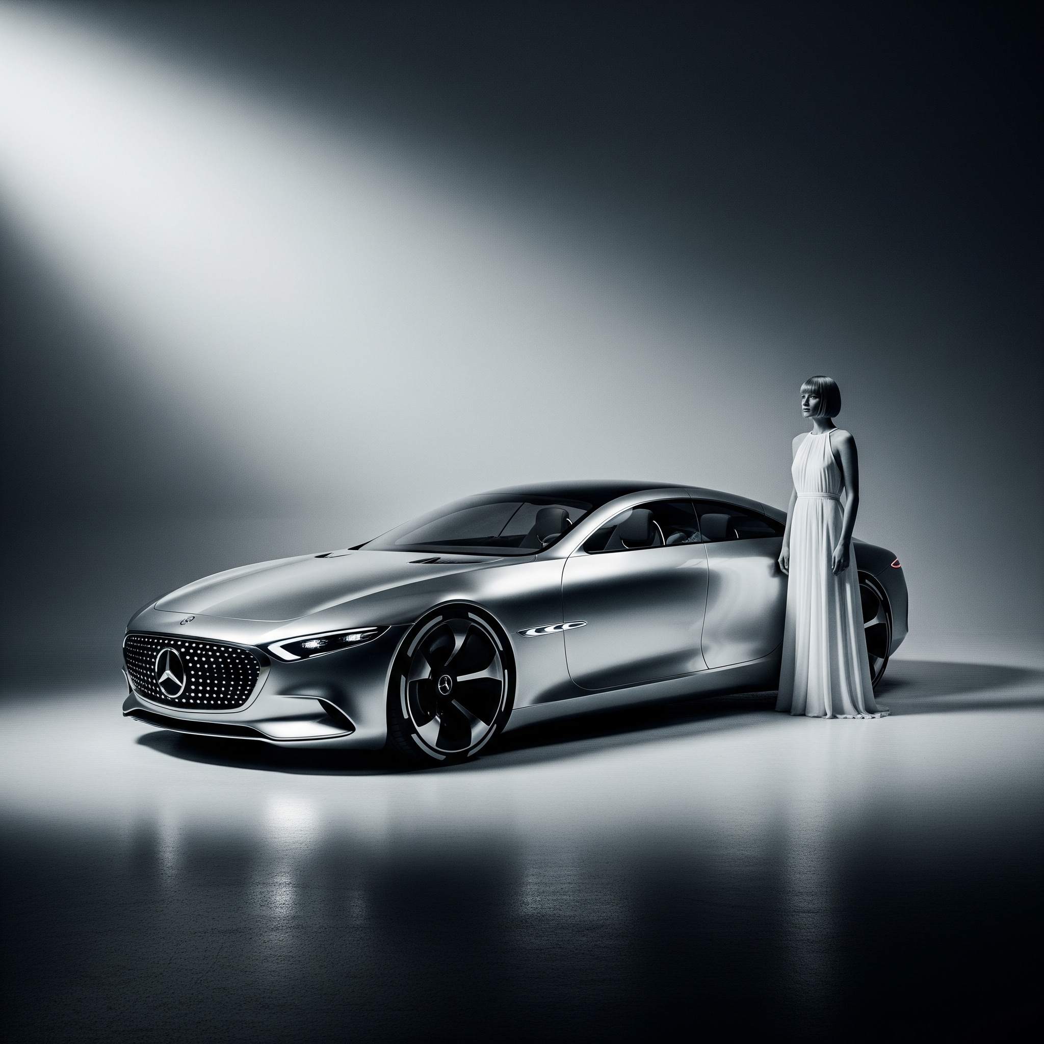 Silver Mercedes coupé under studio light with a woman in a long white dress standing beside it