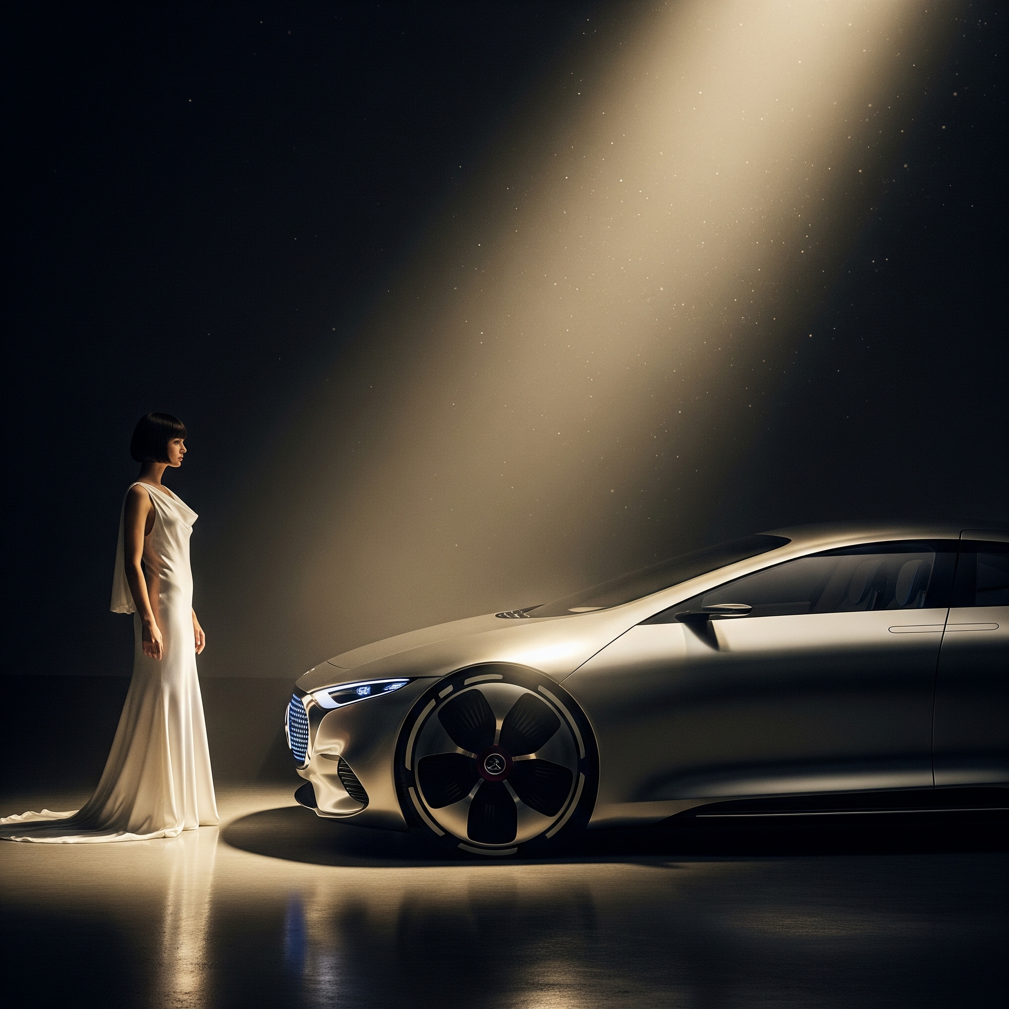 Mercedes EQS in a darkened studio under a single shaft of light, a woman in a white dress facing it