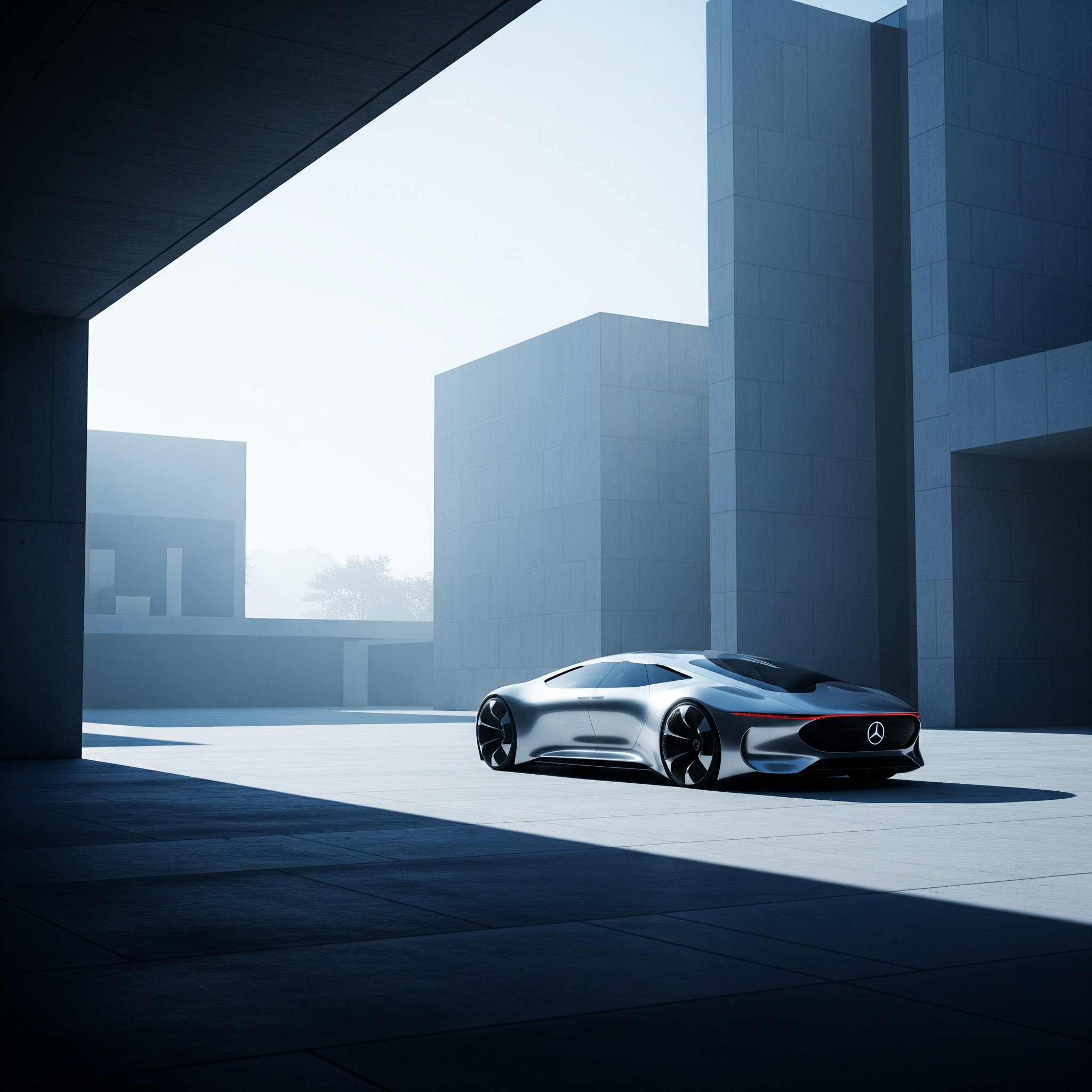 Silver Mercedes concept car in a concrete courtyard with hard shadows and brutalist architecture