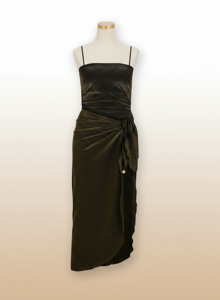 Black satin spaghetti-strap midi dress on a mannequin with a knotted wrap detail at the waist