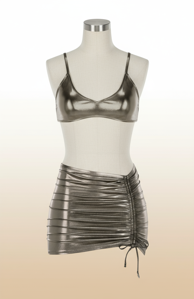 Metallic bronze bikini top and ruched drawstring mini skirt on a mannequin against a neutral studio backdrop