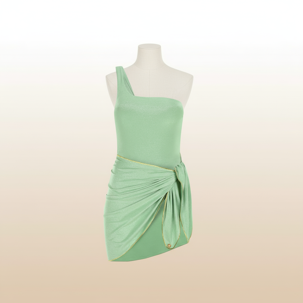 Mint green one-shoulder swimsuit with a matching wrap sarong on a mannequin