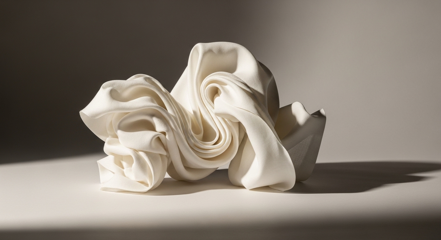 Sculptural object formed from folded, rippling white fabric against a neutral backdrop