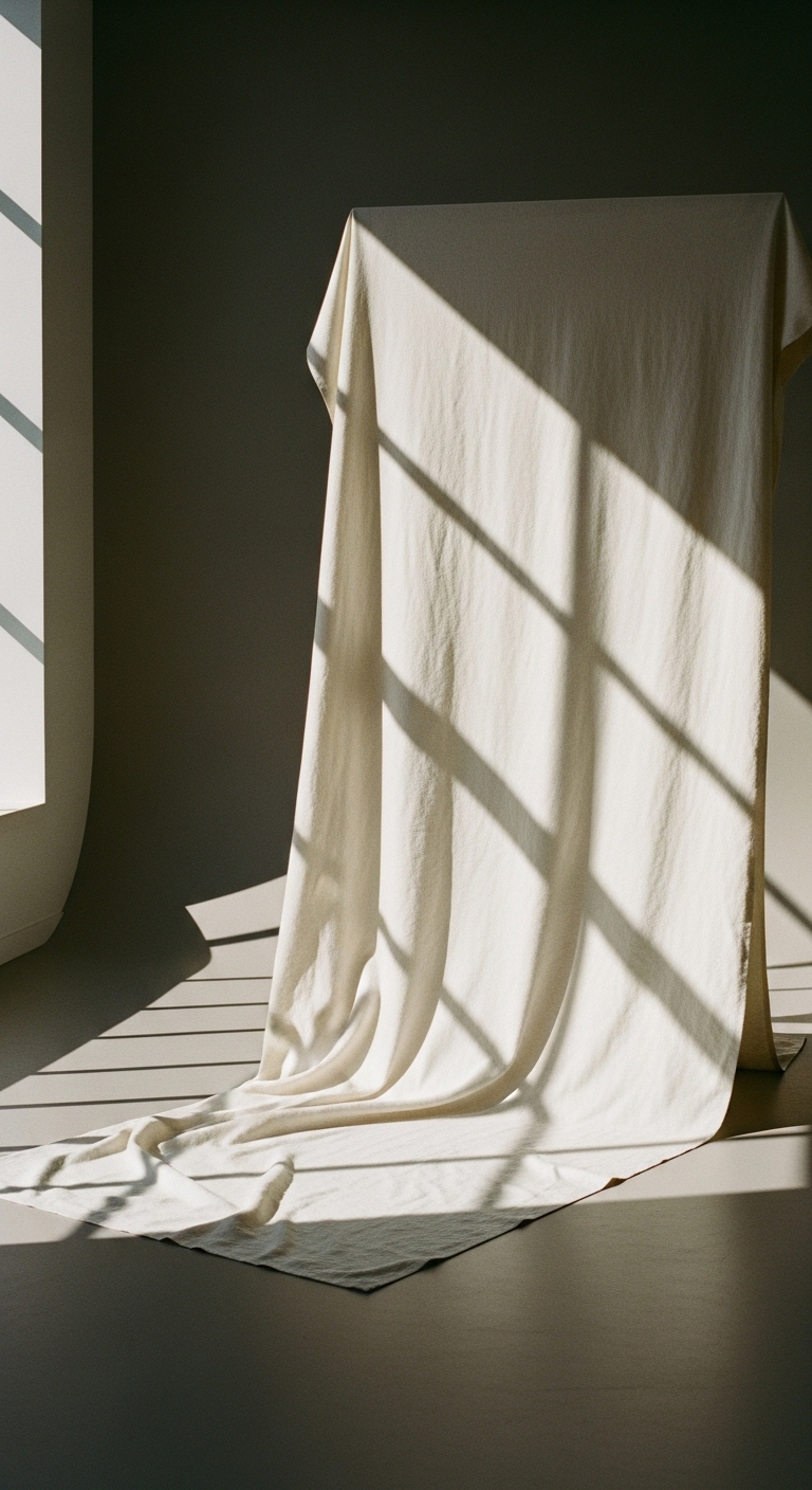 White fabric draped over a chair, carrying the shadow pattern of window light