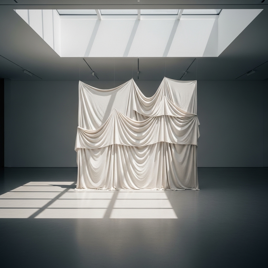Layered white fabric installation suspended in a gallery space beneath a lit ceiling