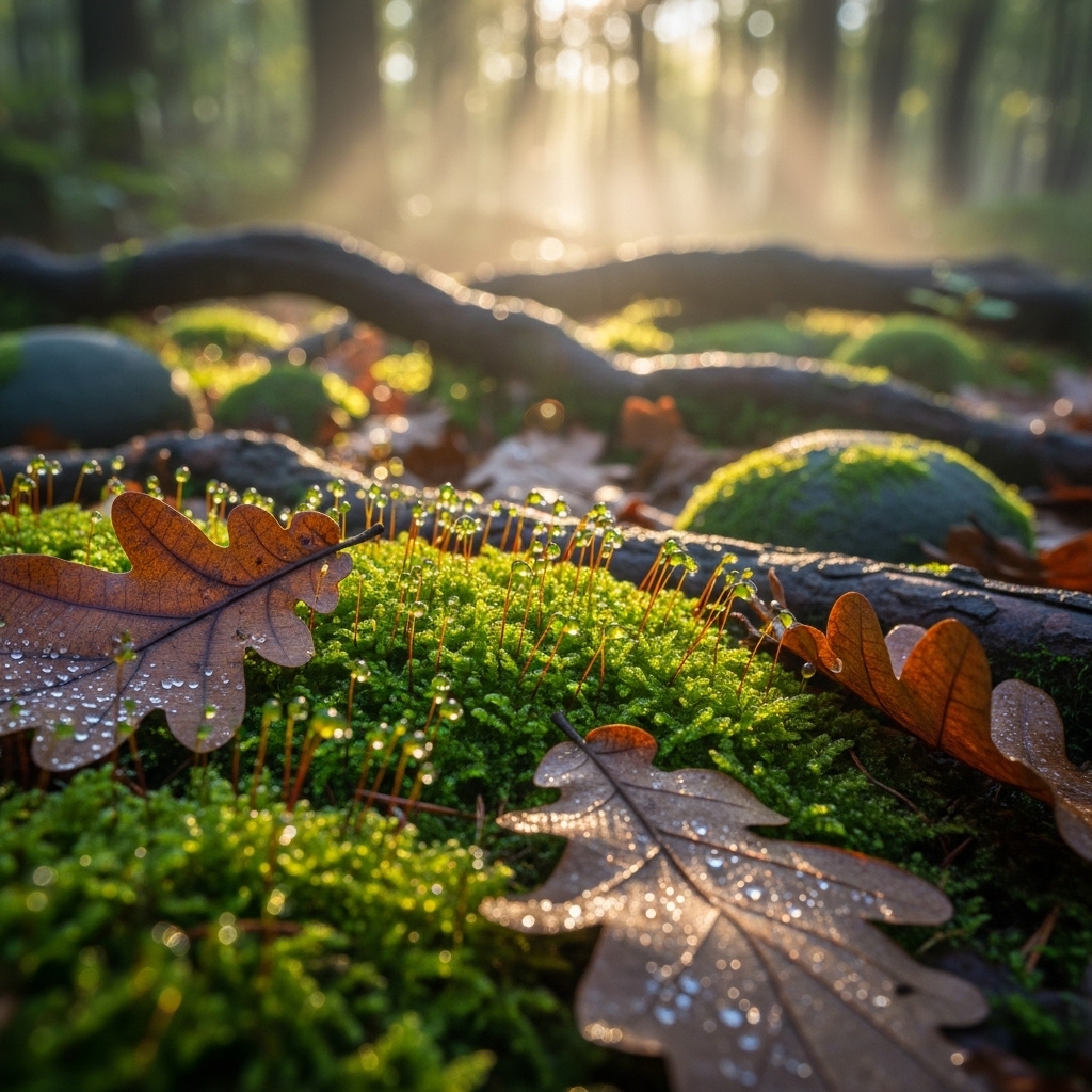 Dew-covered moss and oak leaves on a forest floor with morning light filtering through behind