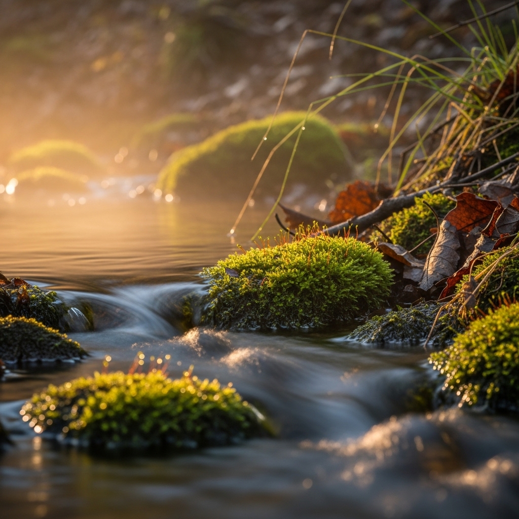 Moss-covered stones and fallen leaves beside a flowing stream at sunrise