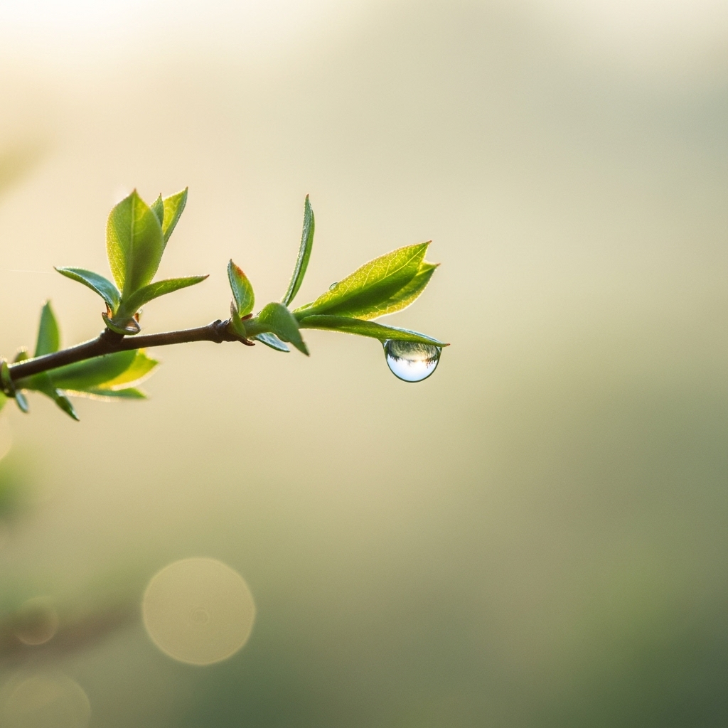 Slender branch in new leaf with a water droplet held on the tip, in soft light